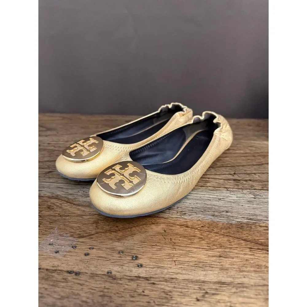 Tory Burch Reva Metallic Gold Tumbled Ballerina Flats
